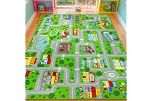 VSIWB Kids Carpet Playmat Rug 5'0''x6'6'', Kids Rugs for Bedroom, Non-Slip Town City Road Map Car Rugs for Kids Toy Cars, Track Carpet Play Rug for Playroom Classroom Decor (Green)