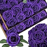 LCiclly 50pcs Artificial Flowers Foam Fake Rose with Stems 12 Leaves Real Looking Faux Roses for Wedding Bouquets Bridal Shower Centerpieces Arrangements Party Tables Decorations DIY (50, Purple)