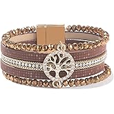 FANCY SHINY Tree of Life Leather Wrap Bracelet Beaded Crystal Bracelet Boho Jewelry Gifts for Women with Magenetic Clasp
