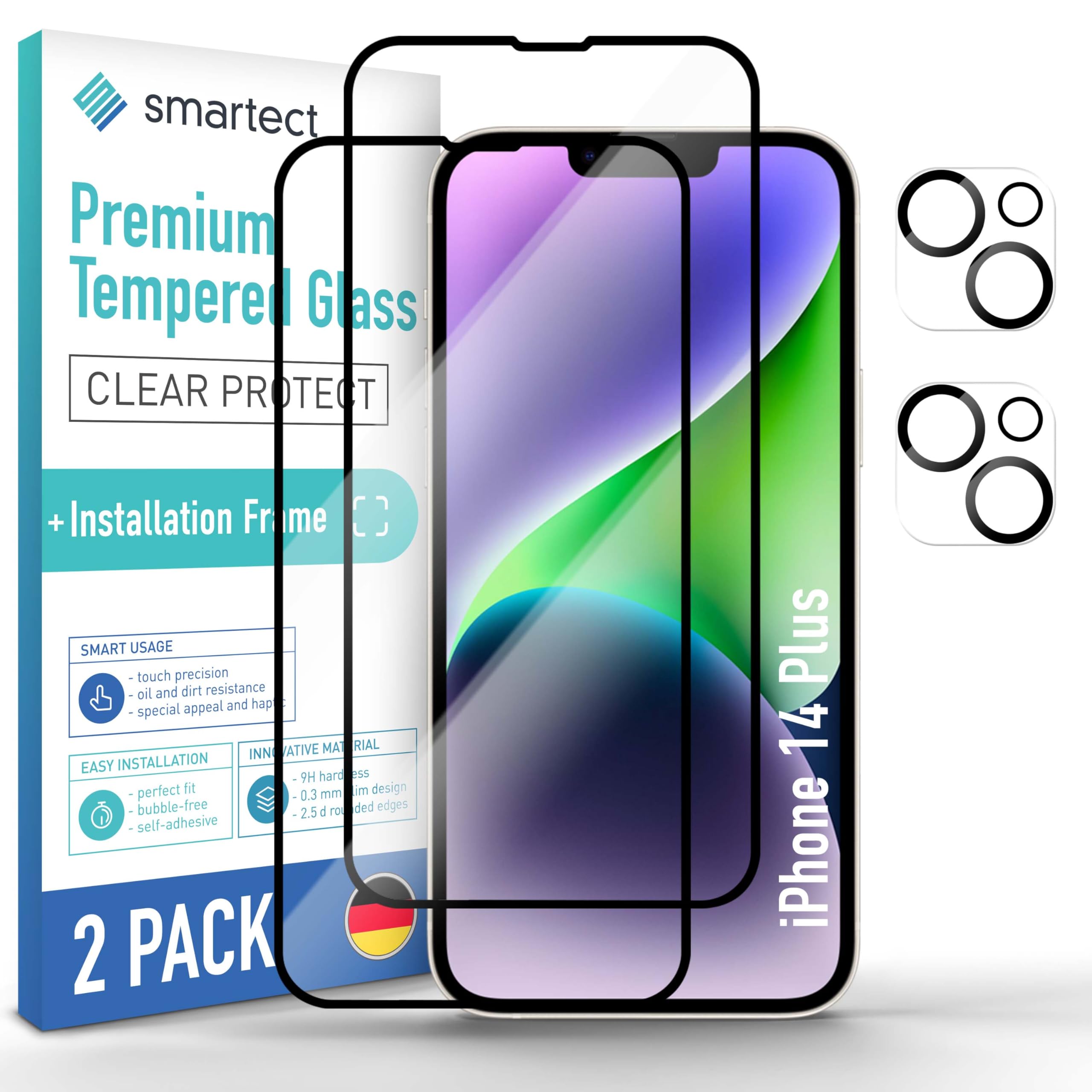 smartect Glass Screen Protector [2 + 2 Pieces, Full Screen] for iPhone 14 Plus, Display + Camera, incl. Installation Frame, HD Protective Film Anti Scratch, Bubble Free, 9H Hardness, Ultra Resistant