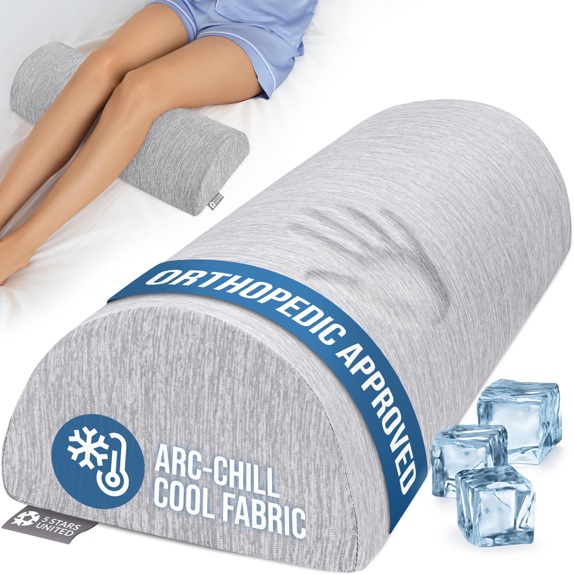 Photo 1 of 5 STARS UNITED Knee Pillow for Back Sleeping – Cooling Cover - Memory Foam Cushion for Sciatica Pain Relief – Under Leg Support for Sleeping on Back – Half Moon Bolster for Bed, Arctic Gray