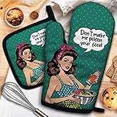 ZHANTUONE Don't Make Me Poison Your Food Funny Heat Resistant Oven Mitts and Pot Holders Set with Silicone Non-Slip, Vintage Lady Cooking Baking Gadgets, Gifts for Hostess Bake Lover Mom Wife BFF