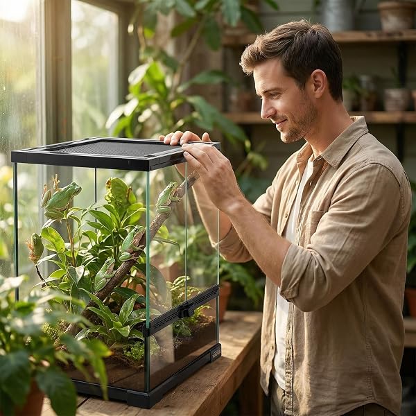 WAAZOOREP 11 GALLON REPTILE GLASS TANK VERTICAL TERRARIUM 12″X12″X18″ HABITAT ENCLOSURE WITH FRONT OPENNING DOOR AND TOP SCREEN VENTILATION FOR GECKOS, SNAKES,TREE FROGS,CHAMELEON