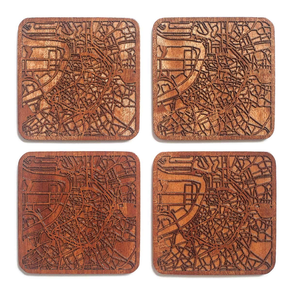 Antwerp Map Coaster, Set of 4, Sapele Wooden Coaster with City map, Multiple City Optional, Handmade