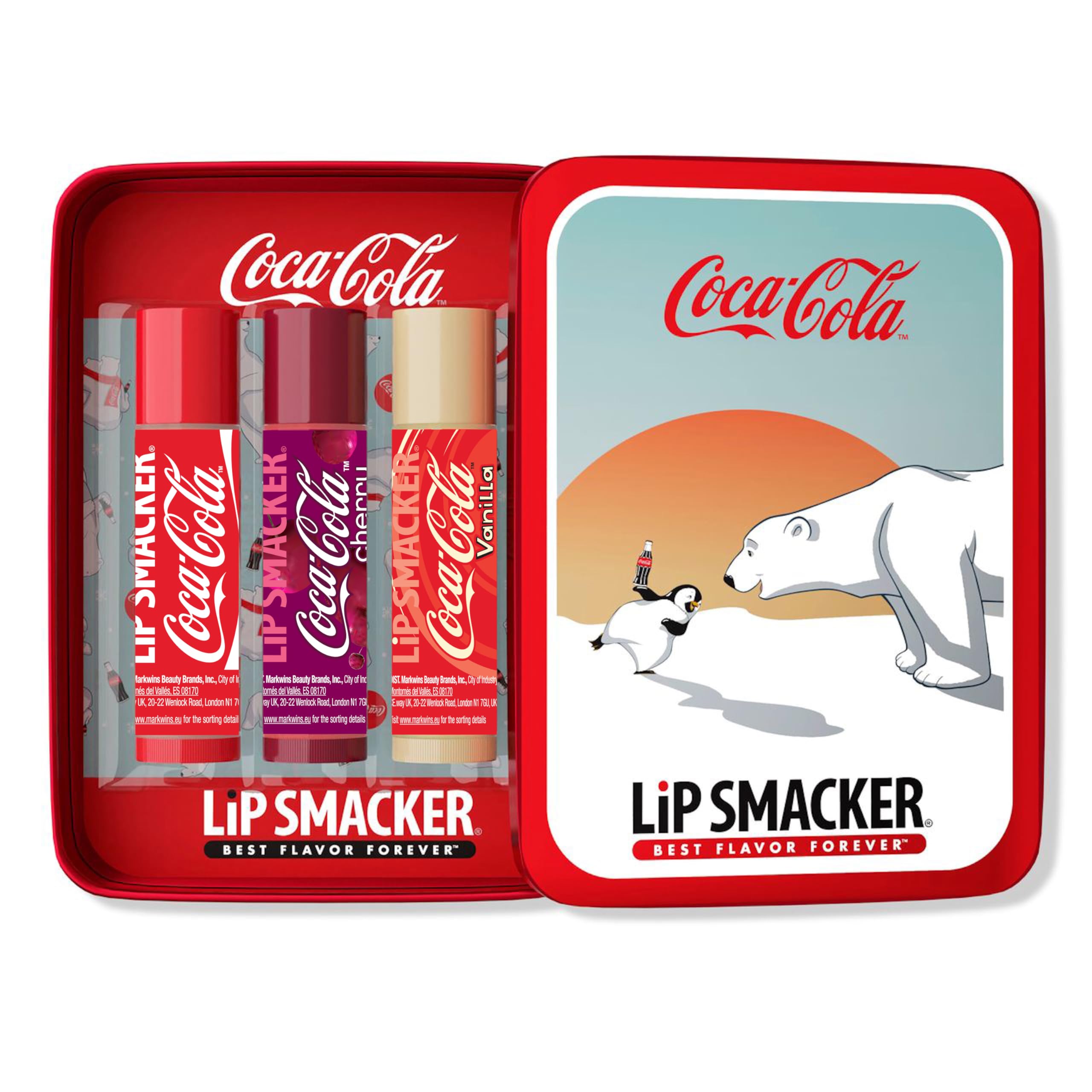 Lip Smacker Lip Balm Tin Trio, 3-Piece Kids Lip Balm Gift Set, Holiday-Themed Coca Cola Edition, Moisturizing and Easy-to-Apply, Infused with Castor Seed Oil, Coca Cola