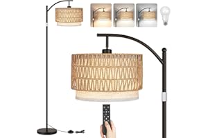 ROTTOGOON Rattan Floor Lamps for Living Room, Boho Standing Lamps with Rattan& Linen Double Shades, Arc Lamps Floor Standing with 9W Bulb, Foot Switch, Bohemian Floor Lamps for Bedroom, Office-Drum