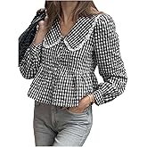 SweatyRocks Women's Lapel Doll Collar Blouse Long Sleeve Plaid Button Down Peplum Shirt Babydoll Top
