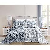 Blythease Oversized King Bedspread 128x120 Extra Wide, Jacquard Matelasse Damask Pattern Design, Lightweight, Reversible, 5 Piece, 100% Microfiber, Blue
