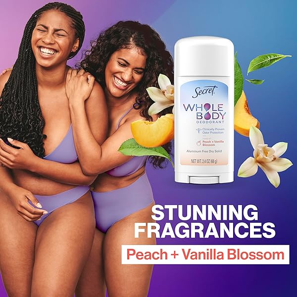 SECRET WHOLE BODY DEODORANT STICK FOR WOMEN, PEACH & VANILLA SCENT, ALUMINUM FREE DEODORANT STICK, 72 HR ODOR PROTECTION, 2.4 OZ