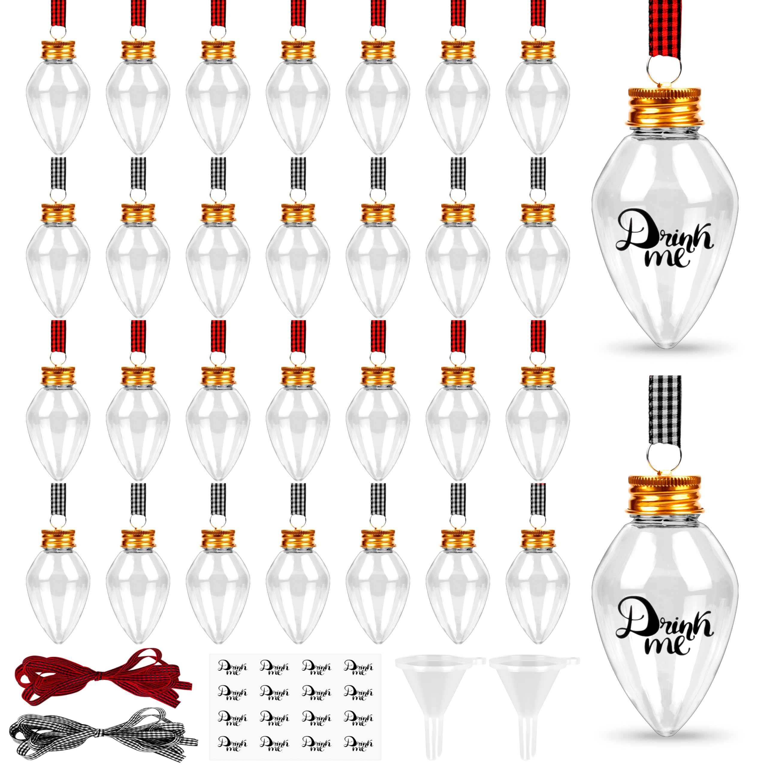 Photo 1 of 32 Pack Fillable Christmas Balls, Christmas Tree Hanging Ornaments Clear Plastic Water Bottle Bulbs Pendant Ball with Plaid Ribbon and Stickers for Xmas Home Party Decor (Water Droplet)