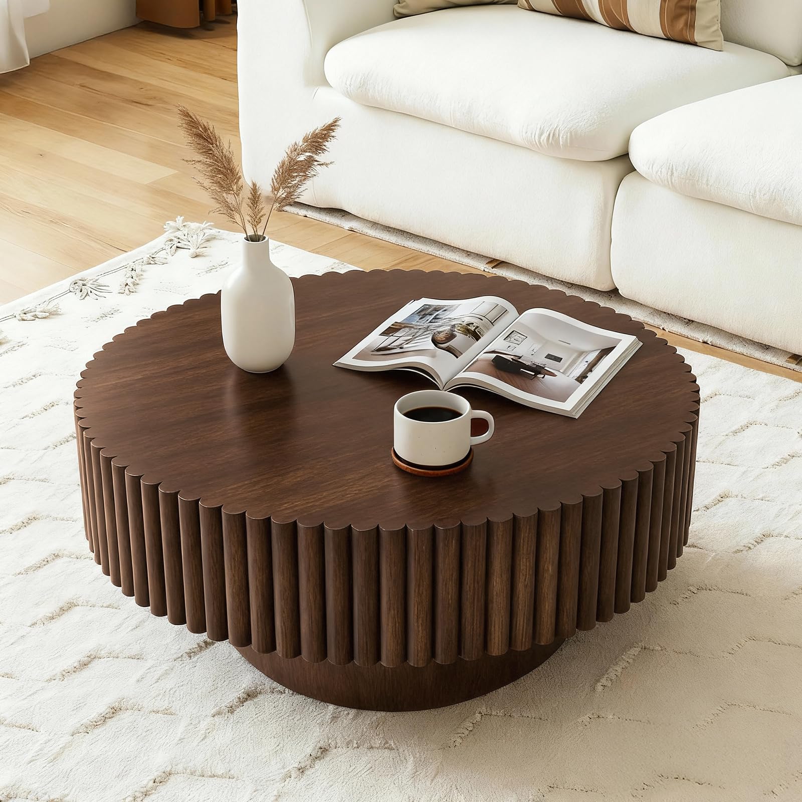 Photo 1 of **Missing Parts - Missing the bottom portion of the table**
Rovibek Round Coffee Table, 31.5" Wooden Fluted Coffee Table with Fluted Base, Circle Accent Center Table for Living Room Apartment Office Small Space, Easy Assembly, Walnut