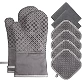 Oven Mitts and Pot Holders 8pcs Set, Cotton Oven Glove with Non-Slip Silicone Surface, Machine Washable Pot Holders, Extra Long Oven mits, Heat Resistant 500 °F, for Cooking, Grilling, Baking