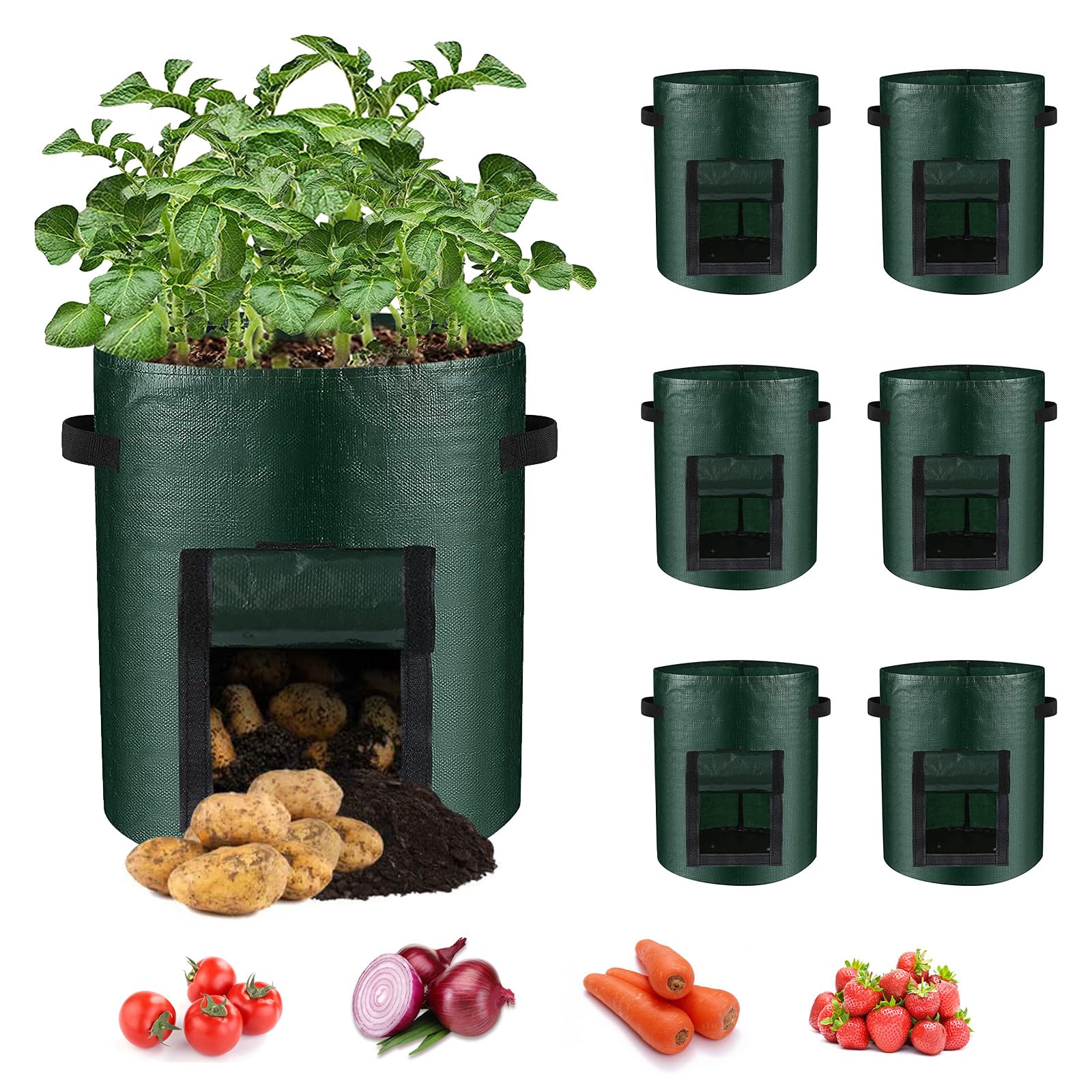 LITLANDSTAR 6 Pack Potato Grow Bags, 7 Gallon Grow Bags Garden Planting Bags with Flap Windows and Handles, Vegetable Grow Bags for Potato, Onion, Tomato, Carrot (Green)
