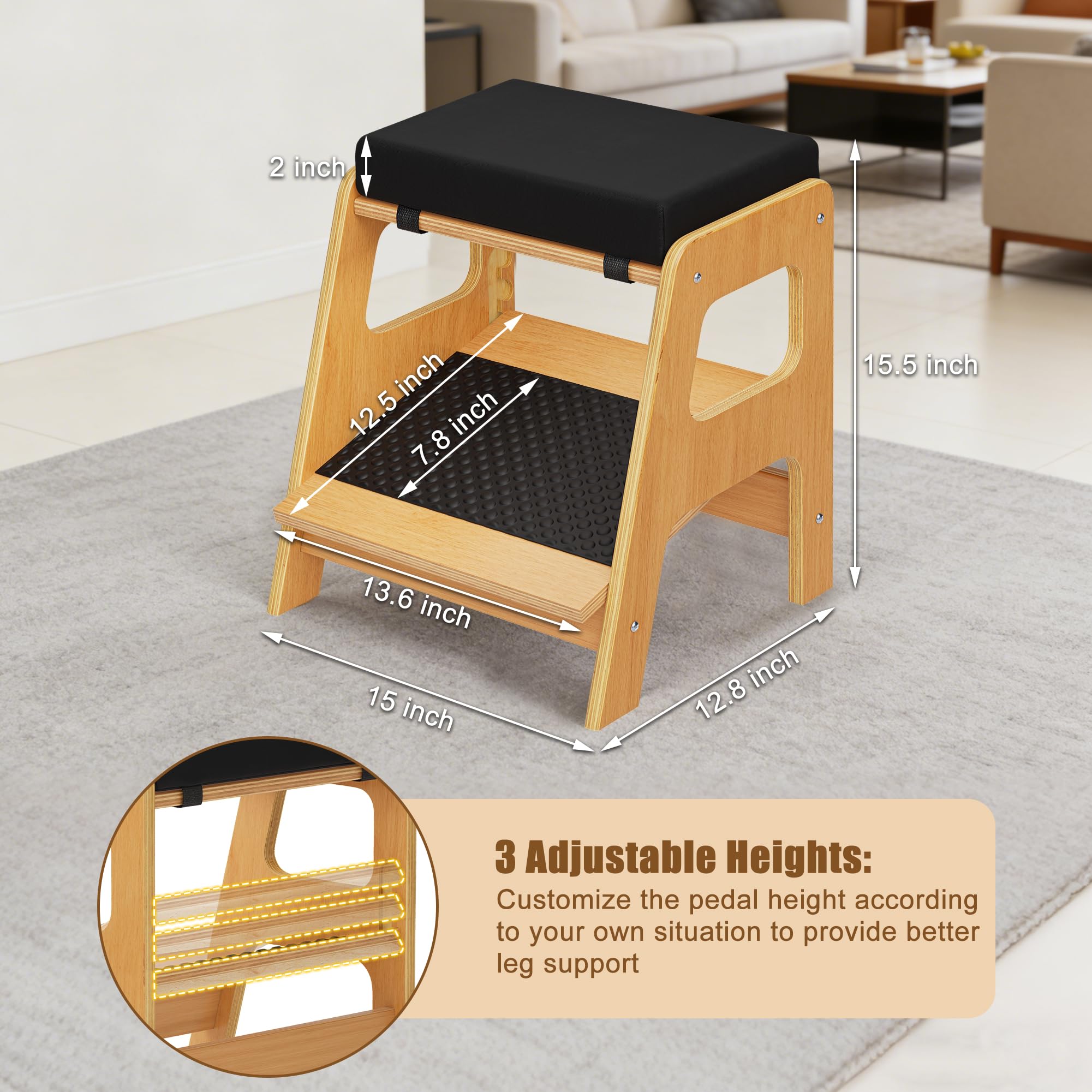 Condition photo showing New/Like New for wwmfs adjustable wooden foot rest, double step footstool with 3 height levels, cushioned top & non-s