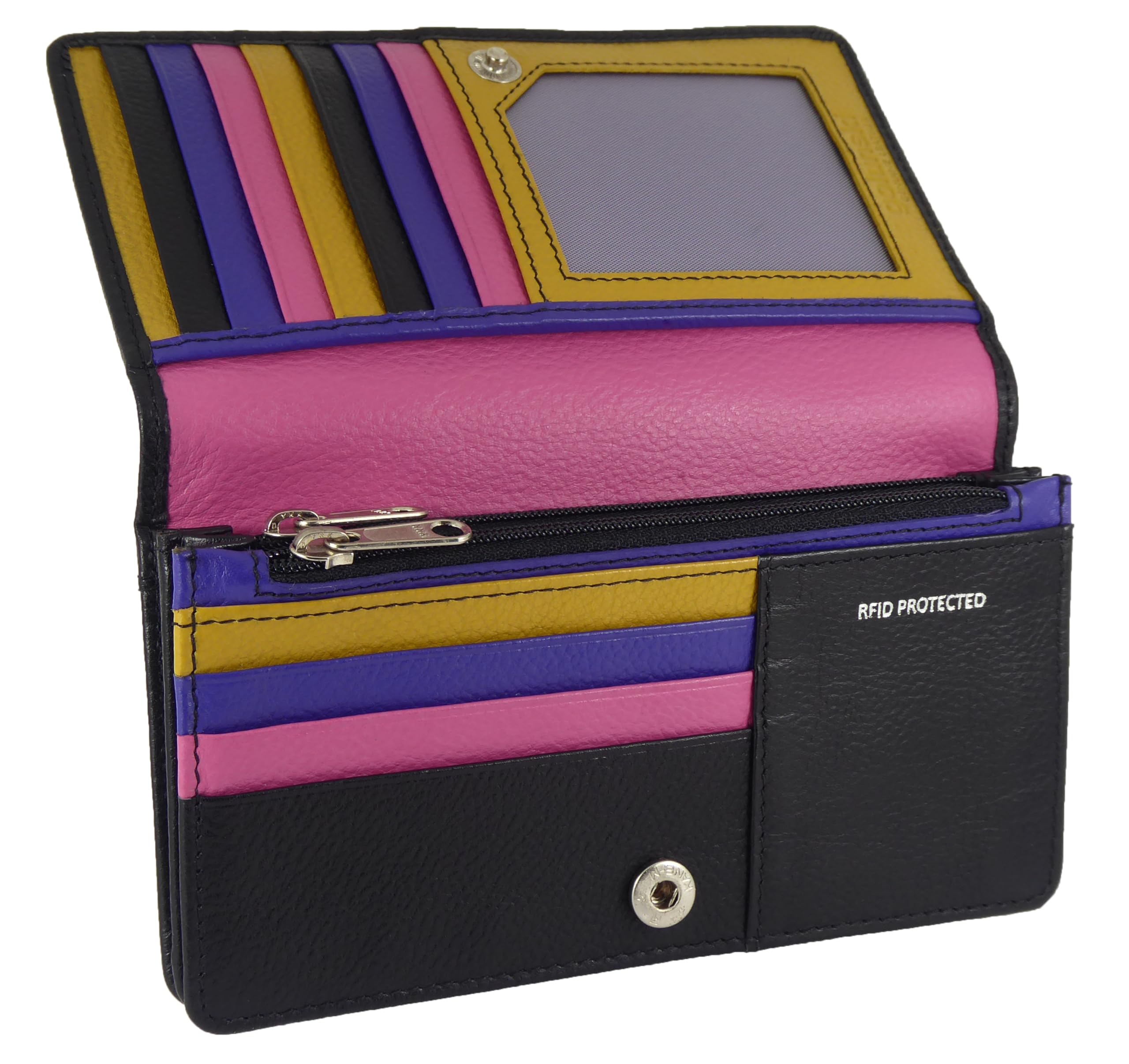 Hide and Sleek Ladies RFID Leather Flapover Matinee Organiser Purse for 14 Cards, Notes/Coins (Black Multi)