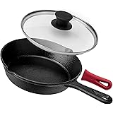 Pre-Seasoned Cast Iron Skillet (8-Inch) with Glass Lid and Handle Cover Oven Safe Cookware - Heat-Resistant Holder - Indoor a