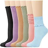 Justay 6 Pairs Ruffle Socks Soft Cute Frilly Turn-Cuff Long Casual Slouch Cotton Crew Socks for Women Gifts