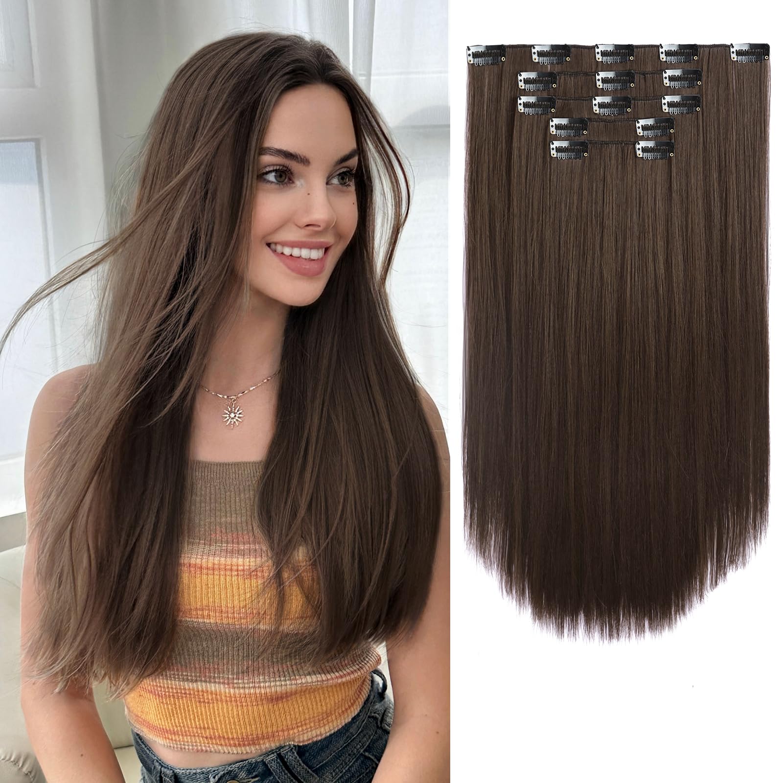Photo 1 of StrRid Dark Brown Clip in Extensions 18 Inch Invisible Long Synthetic Extension 5PCS Straight Fake Soft and Not Easily Knotted Clips on Hair Pieces for Women Grils Weddings Party Daily Use 6.5 Oz