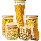 Multi Size - 5 Pack Glass Jars with Bamboo Lids, Glass Pantry Storage Containers with Airtight Lids, Round Air Tigh Food Storage Canisters for Cereal, Pasta, Flour, Sugar, Best for Kitchen Organizer