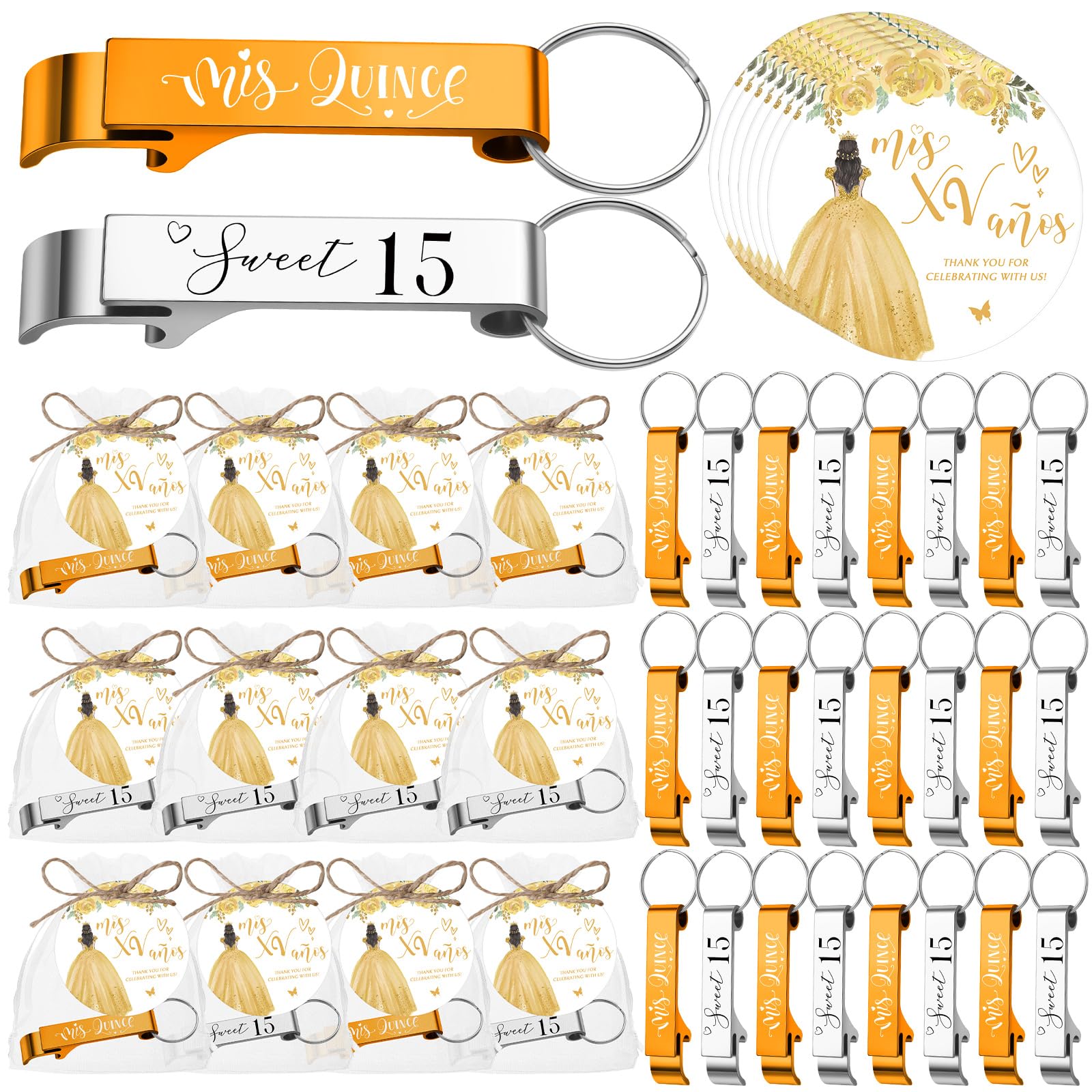 Photo 1 of Dandat 50 Sets Quinceanera Party Favors for Guests Sweet 15 Bottle Opener Keychain with Thank You Cards Organza Bags Rope Quinceanera Gift for 15th Birthday Party Favor Guests(Gold,Silver)