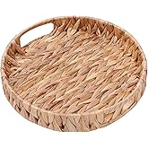 Round Woven Coffee Table Ottoman Tray with Handles - 11.8" x 1.9" Water Hyacinth Wicker Serving Tray, Decorative Storage Basket for Home & Kitchen.