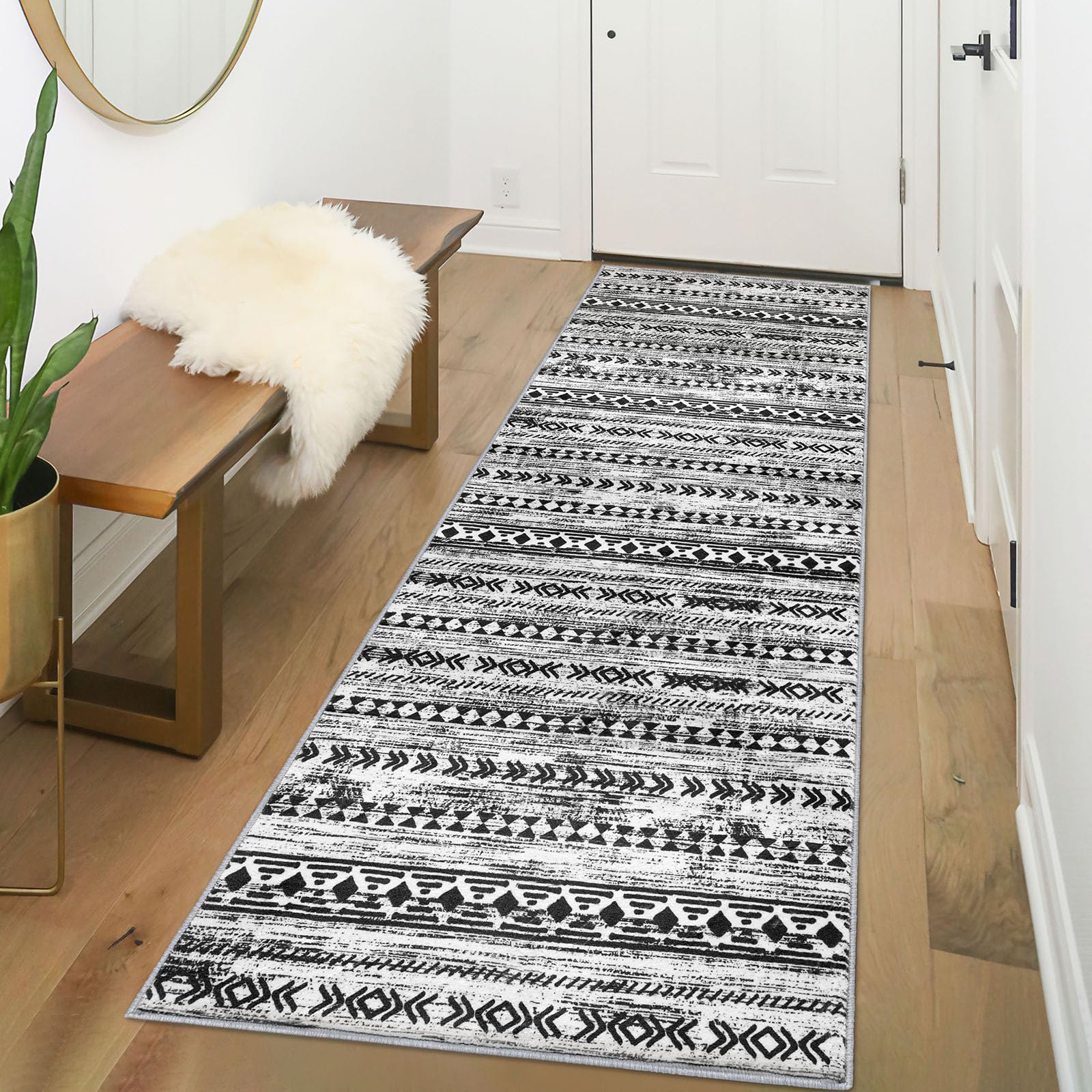 Photo 1 of Alfasoft Moroccan Runners for Hallways 2x6, Black Boho Kitchen Rugs Washable Runner Rug Non-Slip Vintage Soft Print Distressed Geometric Floor Carpet Runner for Bedroom Laundry Entryway