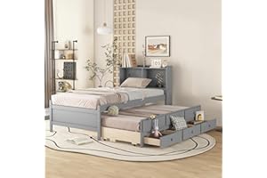 BELLEMAVE Twin Size Bed Frame with Bookcase Headboard,Captain’s Bed Twin with Trundle and Drawers for Kids,Trundle Bed with Storage for Teens,Adults(Twin,Gray)