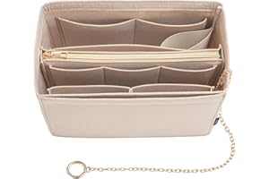 ATSEKTZ Purse Organizer Insert, Handbag Organizer with Zipper, Tote Shaper with Cup Holder & Keychain, Compatible with LV, Neverfull, MK, COACH, Longchamp, Kate Spade – Beige-Lg