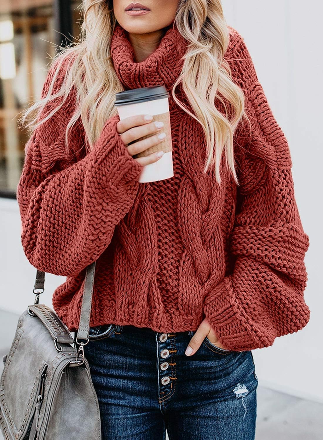 Dokotoo Women Solid Turtleneck Balloon Long Sleeve Sweaters Pullover Outerwear at  Women’s Clothing store