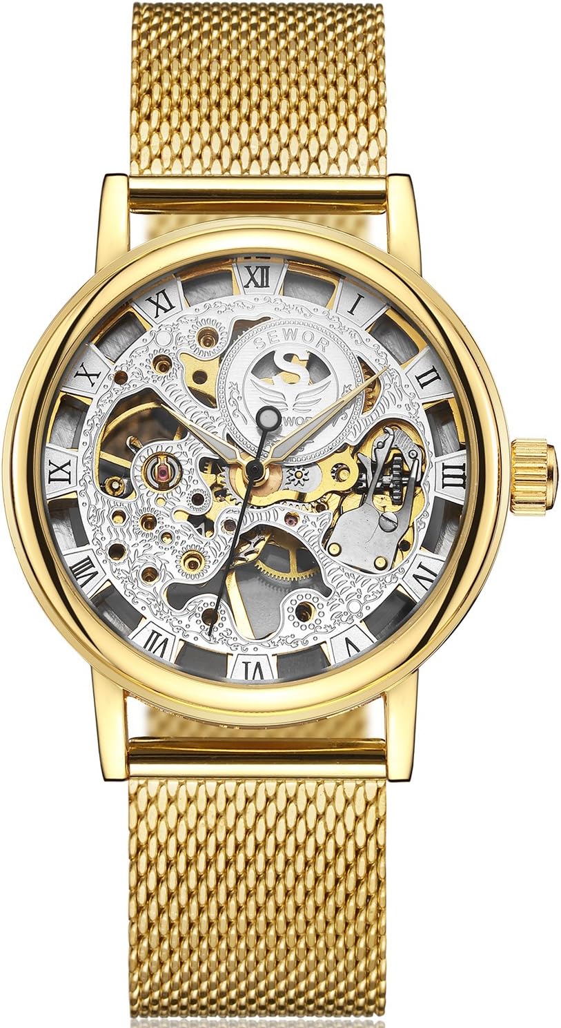 Dress Royal Hollow Carving Mechanical Hand Wind Wrist Watch for Man with Mesh Steel Band Slim Design