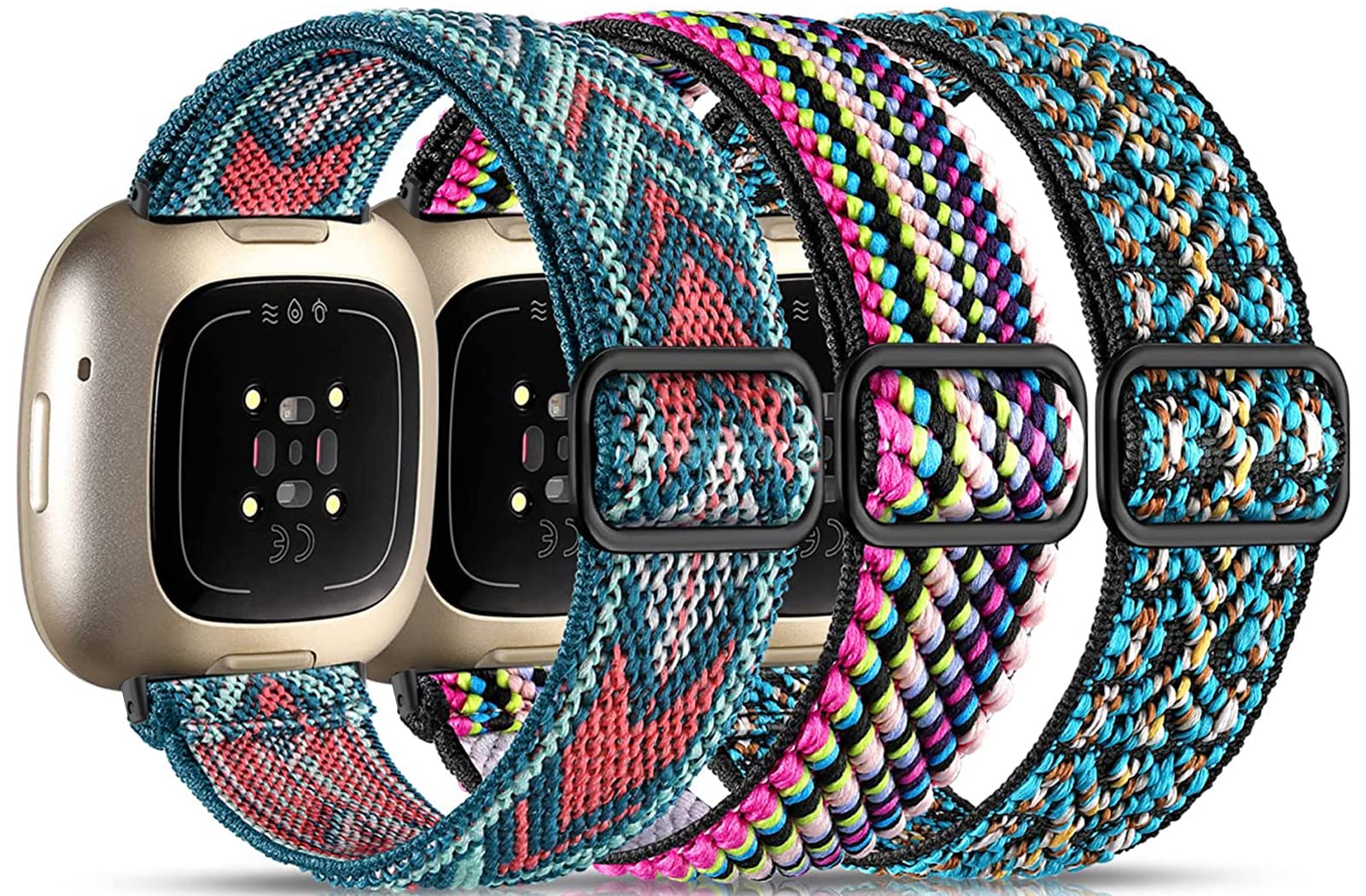 Nigaee 3 Pack Elastic Nylon Straps Compatible for Fitbit Versa 4/Versa 3/Sense 2/Sense Strap, Stretchy Adjustable Fabric Breathable Replacement Straps for Women Men