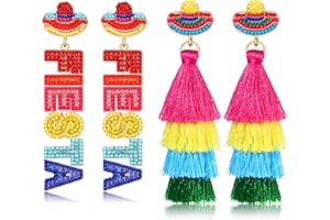 NVENF 2 Pairs Mexican Earrings: Cinco De Mayo Fiesta Layered Tassel Earrings, Piata Sombrero Chili Pepper Designs