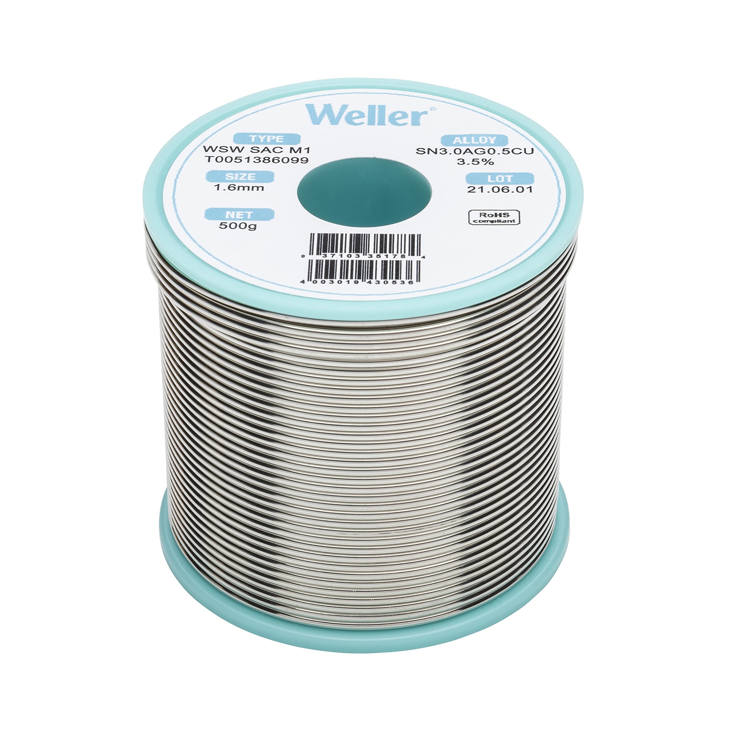 Weller WSW SAC M1 (T0051388199) Lead Free Solder Wire, Ø 0.3mm, Alloy Sn96.5Ag3.0Cu0.5, Flux Content 3.5%, 100g, Silver