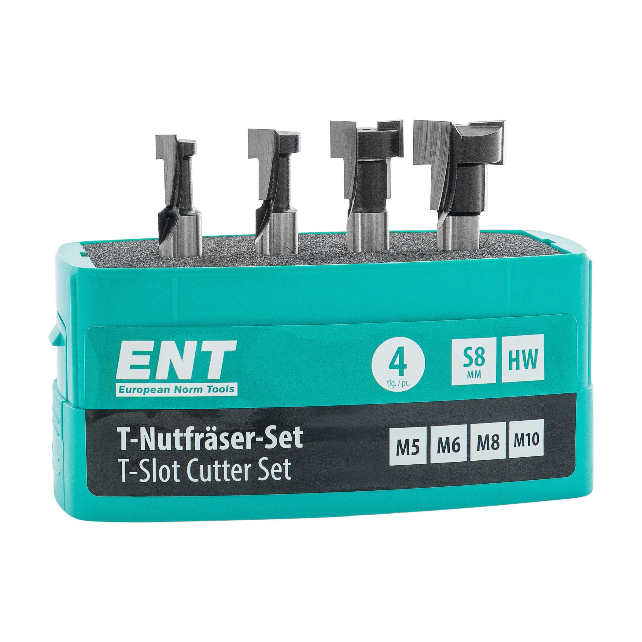 ENT 09045 4 pcs. T-Slot Router bit Set M5 M6 M8 M10, 8mm Shank Router bits, in Carbide, for hex Bolts and Screws with Metric Thread, CNC Router bits