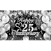 25th Wedding Anniversary Decorations Banner Black Silver Happy 25th Anniversary Banner for Women Men Silver Wedding Party Decorations 72.8x43.3 inches