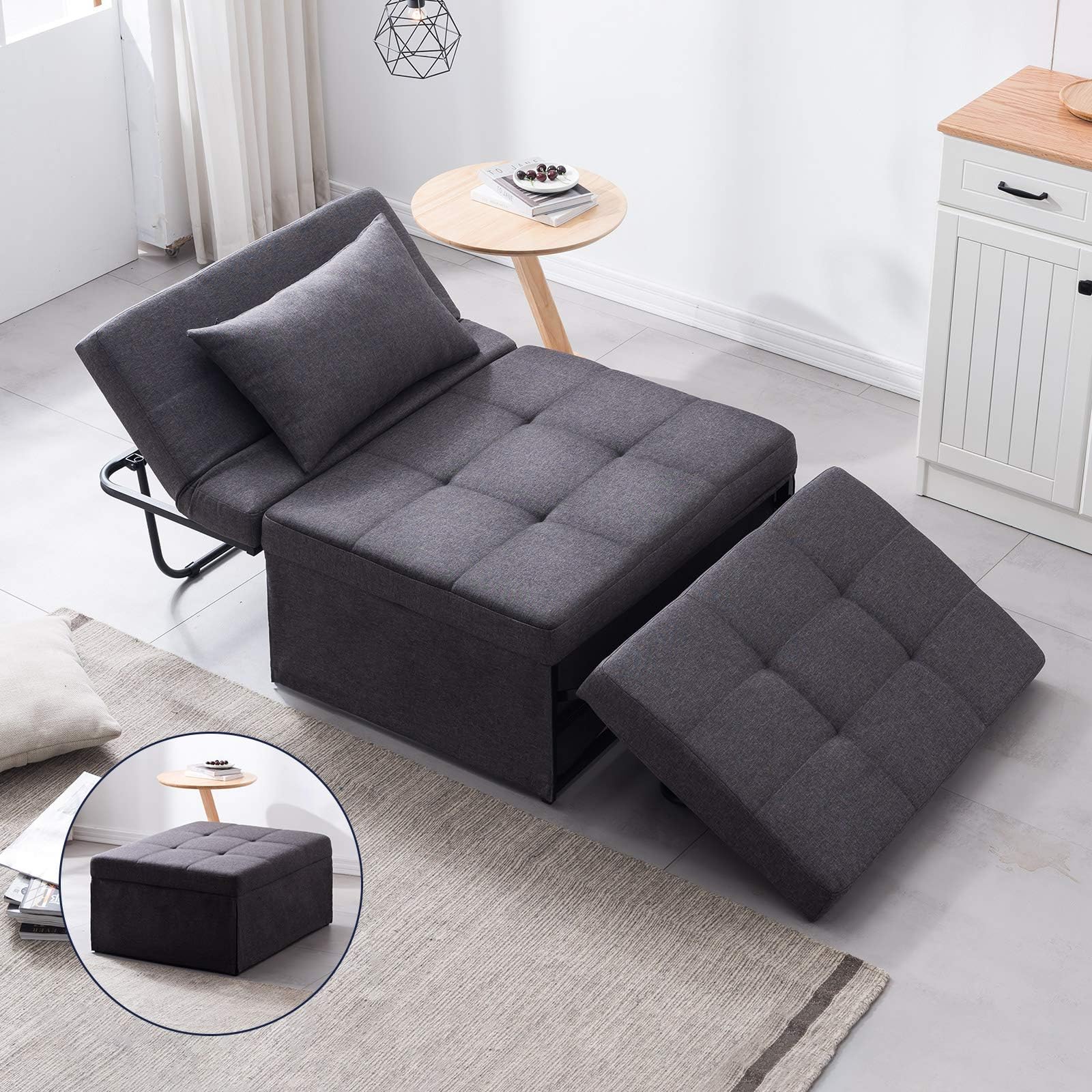Sleeper Chair, Sofa Bed, Ottoman Sleeper, Convertible Chair Bed 4 in 1, Multi-Function Adjustable Sleeper Sofa, Couch Bed, Lounge Bed, Chairs for Living Room/Bedroom/Small Apartment, Grey