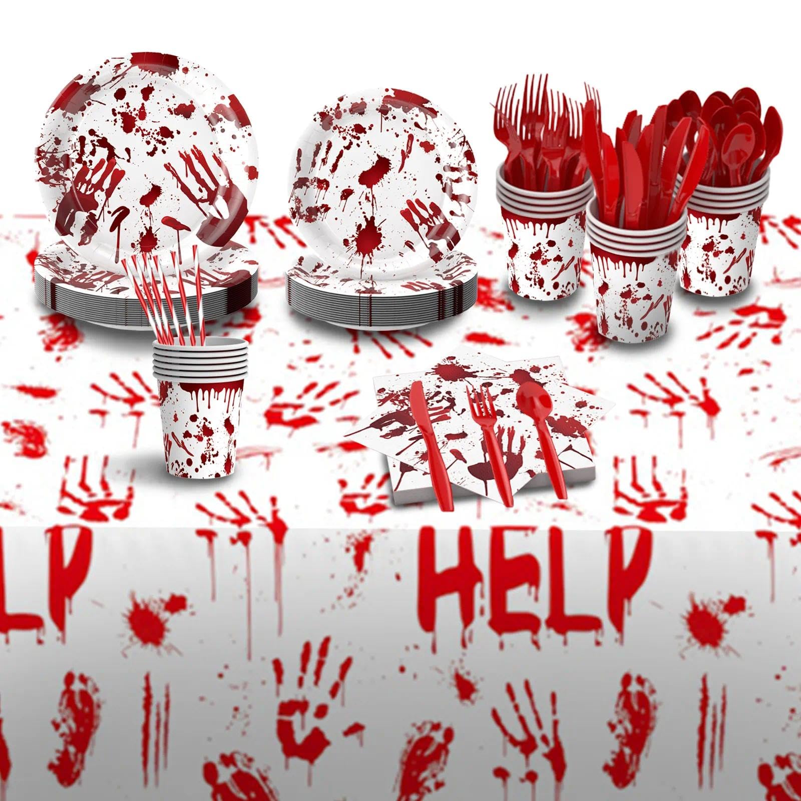 Photo 1 of 129 PCS Halloween Decoration Set Include Bloody Tableware, Disposable Paper Plates Napkins and Spooky Tablecloths for Zombie Themed Party Supplies, Serves Guests in Dinner Time