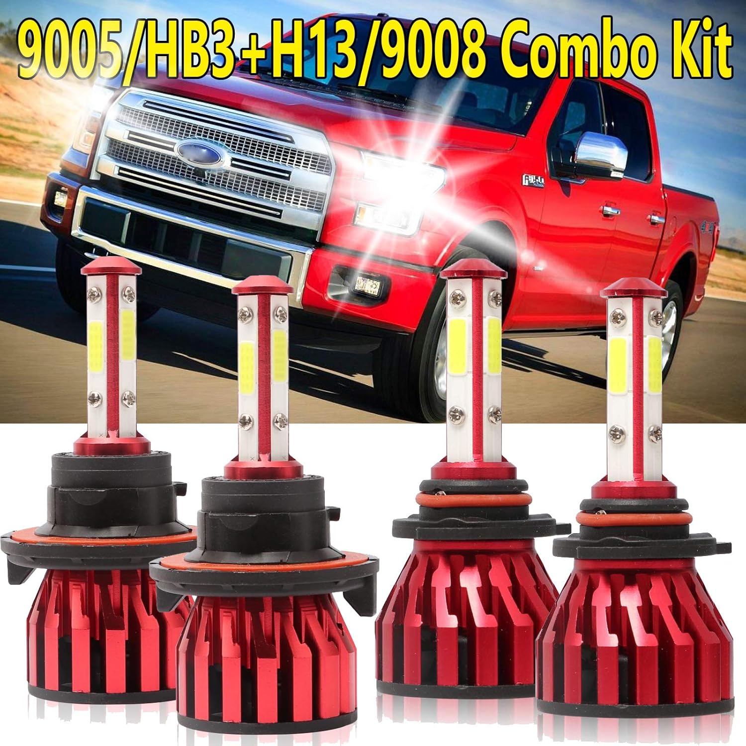 ... Bulb High Beam/Low Beam + HB3 9005 Fog Light Combo 480W 48000LM 4 Sides  COB Chips High Power Car Upgrade Lights Conversion Kit for 2004-2014 Ford F -150