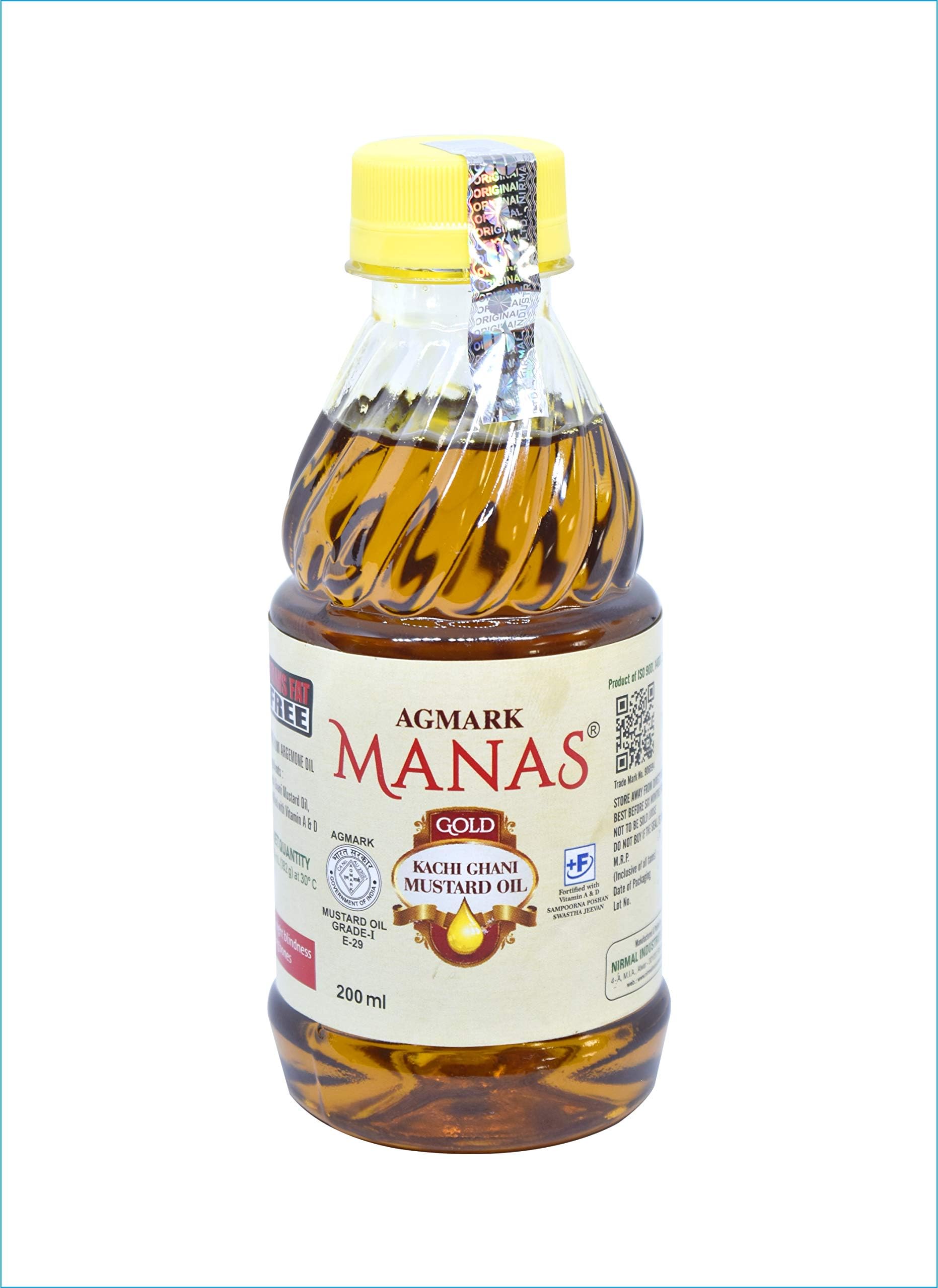 Manas Gold Kachi Ghani Mustard Oil 200 Ml (Home Pantry Groceries Items Kitchen and Home Healthy Cooking Oil Edible Oil Natural Extracts)