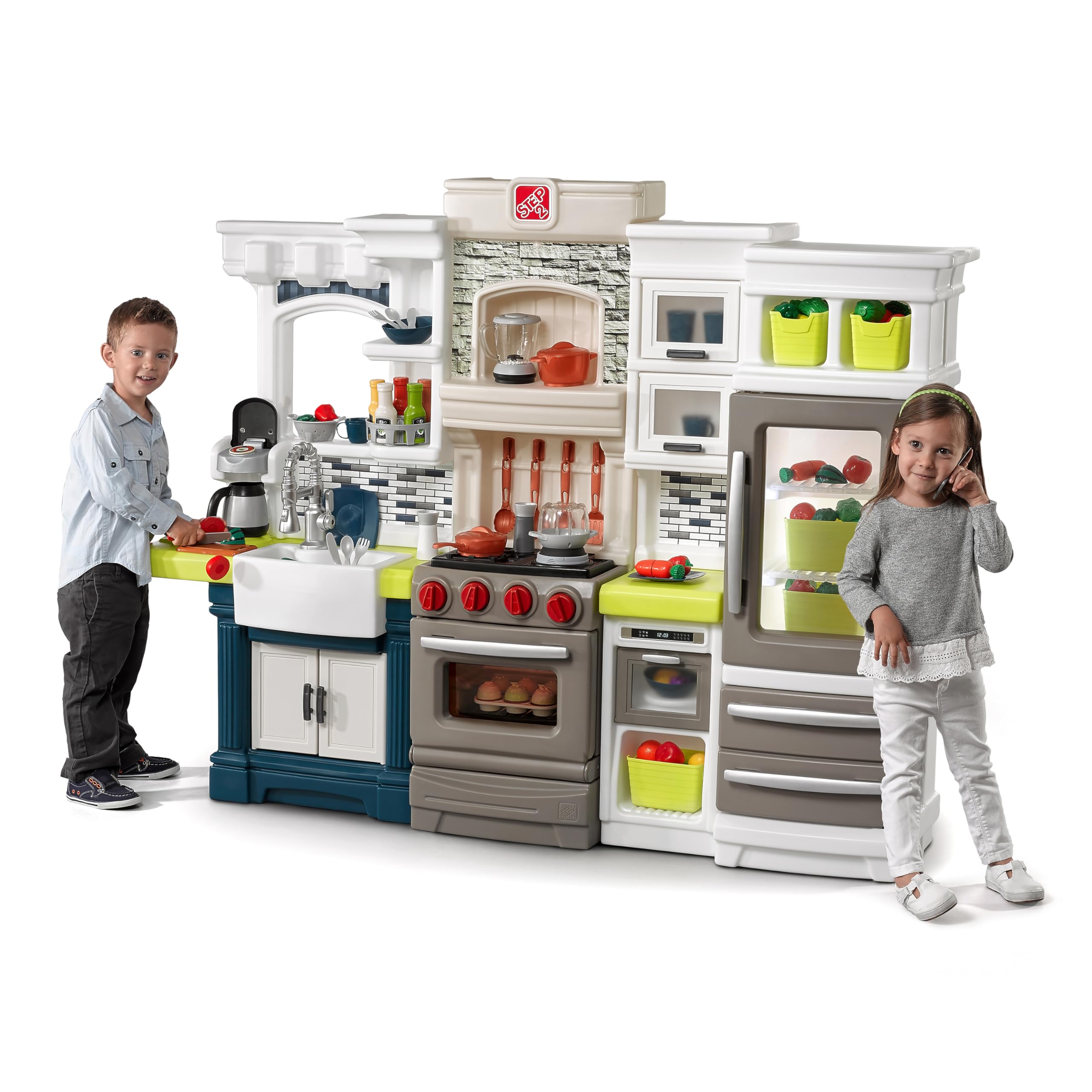 Step2 Elegant Edge Kids Kitchen Playset, Indoor/Outdoor Kitchenette, Interactive Play with Lights and Sounds, Made of Durable Plastic, Includes 78 Piece Toy Accessories, For Toddlers 3+ Years Old