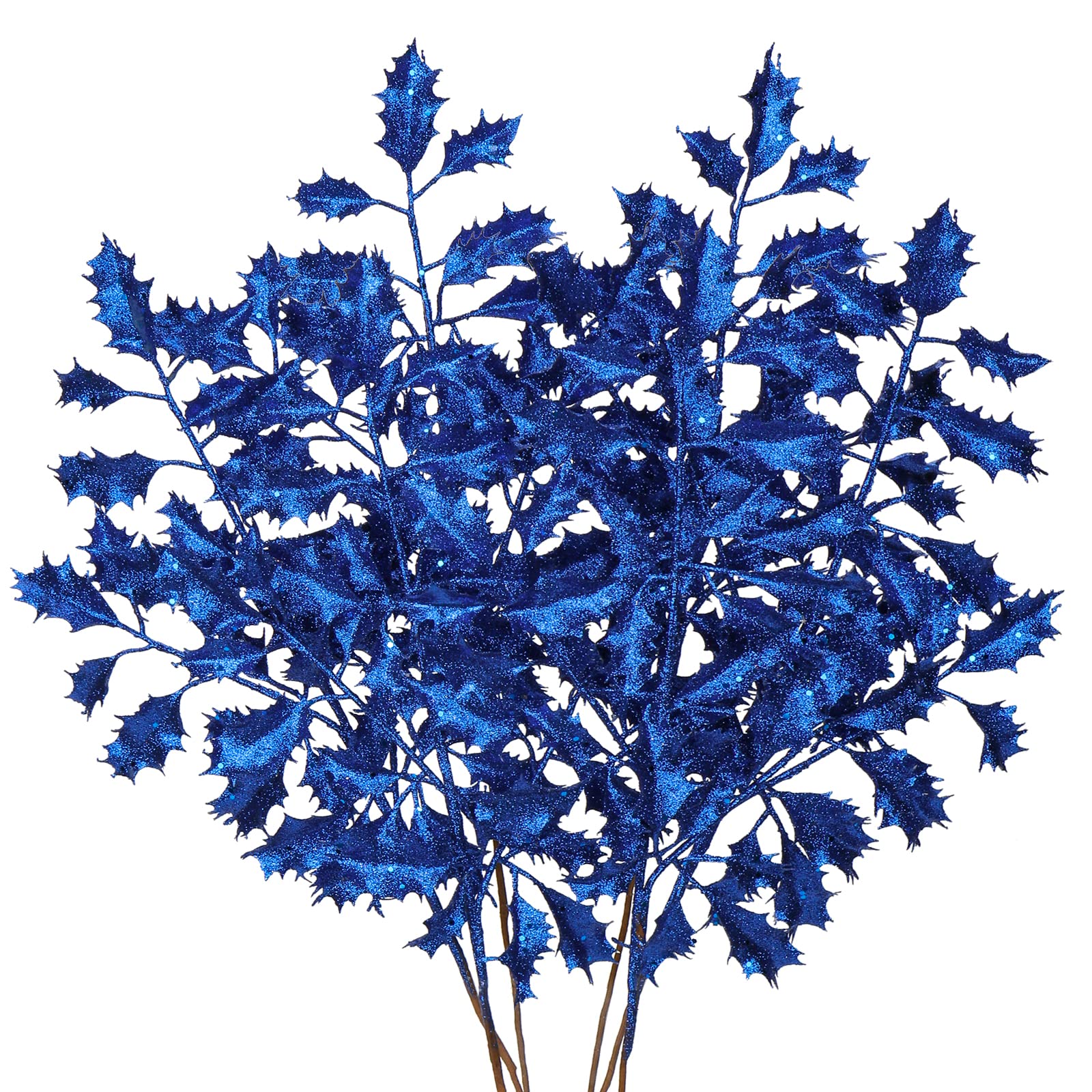 Briful 6 Pcs Blue Glitter Leaf Artificial Holly Leaves 23" Christmas Glitter Leaves Stem for Xmas Tree Decorations Fake Leaf Artificial Stem for Flower Arrangment Home Decor