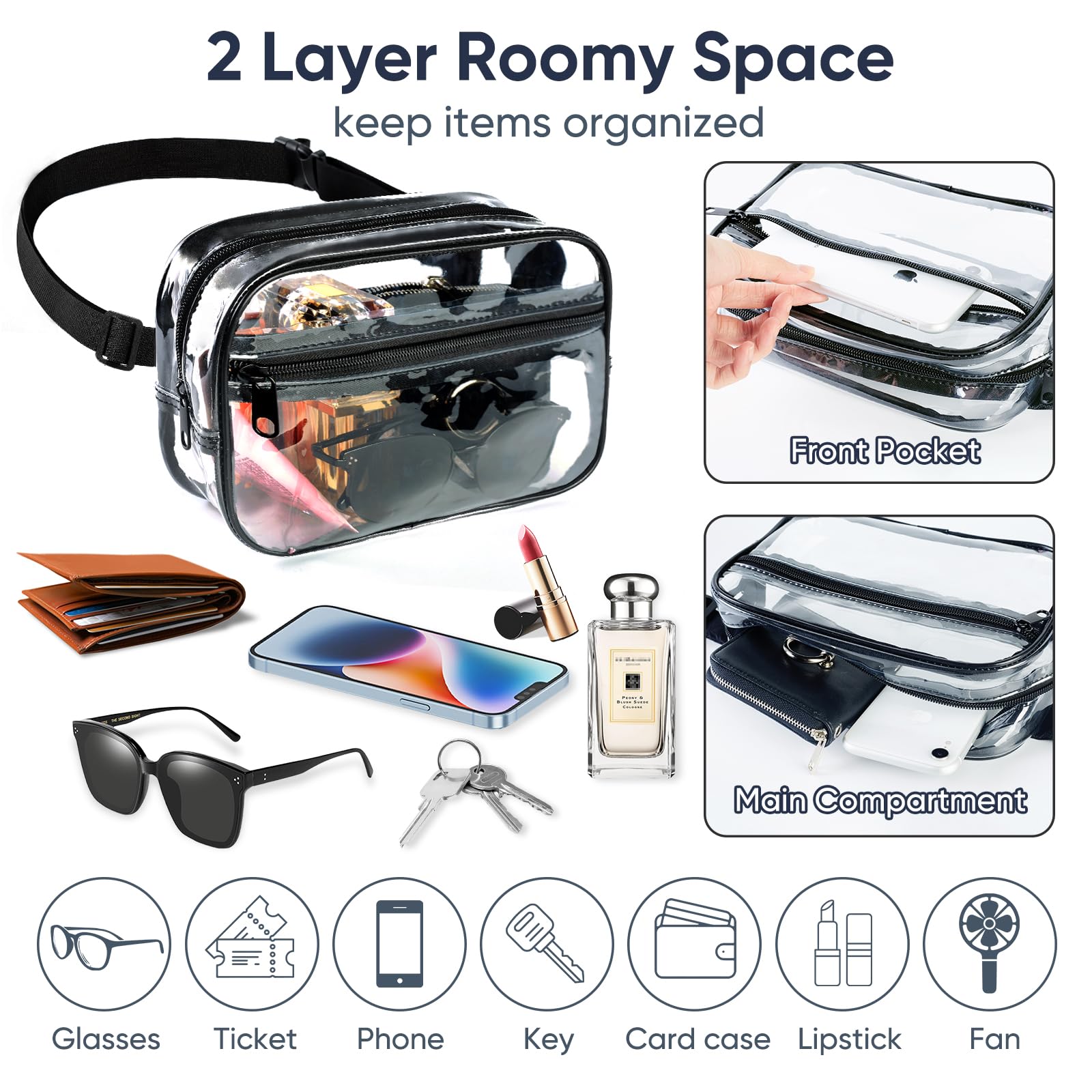 Clear Fanny Pack for Stadium Events - Clear Bag for Women Men | Lightweight Waist Pack for Concerts, Sports Games Day & Travel | Stadium Approved Transparent Bag (Black)