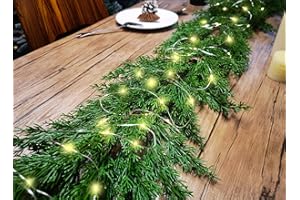 CONNICS 6FT Cedar Garland Realistic Christmas Garland with 16 FT LED Lights String, Greenery Plant for Christmas Decorations Table Mantle Background Wall Room Outdoor Indoor Winter Decoration