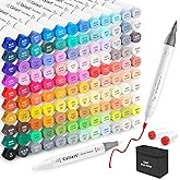 Caliart Alcohol Markers Brush Tip - 121 Colors Dual Tip Artists Coloring Markers Set Brush & Fine, with Case Permanent Alcohol Based Colored Sketch Pens, Art Supplies Gifts for Adults Drawing