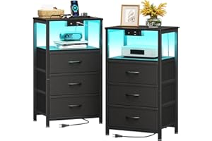 Casaottima Night Stand Set 2, Bedside Tables with Charging Station, LED Nightstand with Fabric Drawers, End Table with Open Shelf, Nightstand for Bedroom, Black