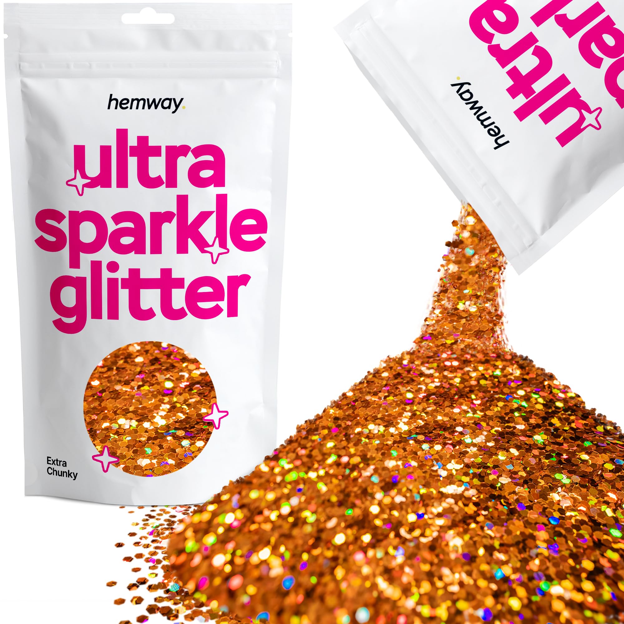Hemway Ultra Sparkle Glitter Copper Holographic 100g Extra Chunky | Glitter for Arts & Craft, Makeup, Nail Art, Crafting, Card Making, Sparkle Decoration