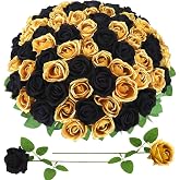 Ovveroche 90 Pcs Gold Black Velvet Rose Artificial Flowers with Long Stems | Fake Silk Roses Real Touch Fake Roses Florals for Birthday Wedding Bouquet Party Arrangement Decorations