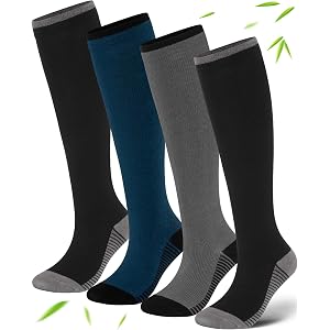 FOFLORA 4 Pairs Bamboo Viscose Compression Socks for Women & Men | 15-20mmHg Knee High Supports Socks for Nurses, Daily Trave