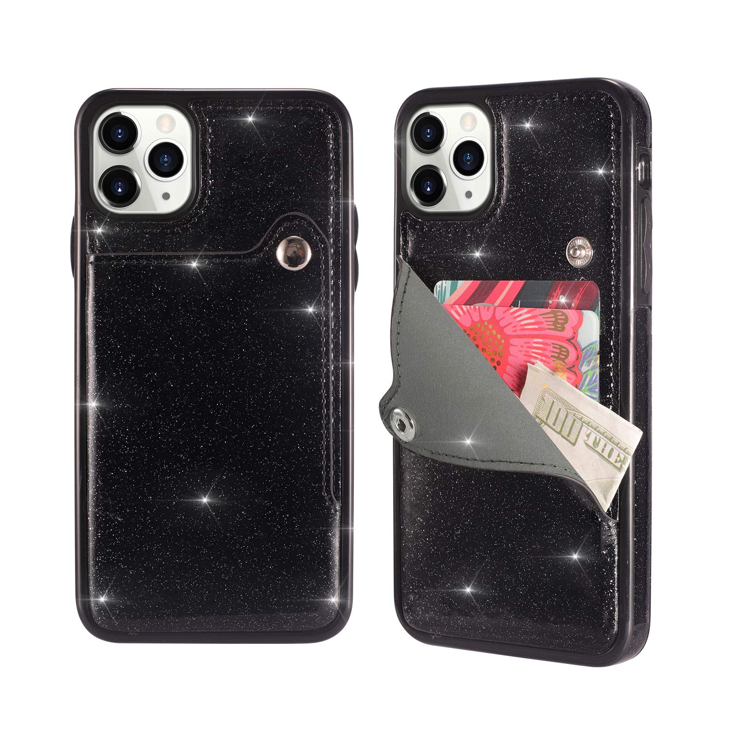 UEEBAI Case for iPhone 11 6.1 inch, Premium Glitter PU Leather Case Ultra Slim Soft TPU case [Card Slots] Safty Magnetic Snap Stand Function Shockproof Durable Back Wallet Cover - Black