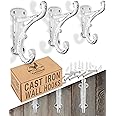 Rustic Cast Iron Coat Hooks (3 Pack) Antique White, Wall Mounted, Farmhouse Decorative, Heavy Duty Wall Hooks for Hanging Coats, Hats, Towels (Mounting Hardware Included)